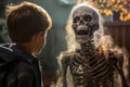 A trick or treater getting scared by a fake skeleton halloween background