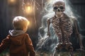 A trick or treater getting scared by a fake skeleton halloween background
