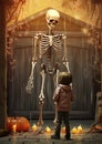 A trick or treater getting scared by a fake skeleton halloween frame border