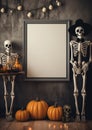 A trick or treater getting scared by a fake skeleton halloween frame border