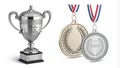 Image of a Trophy and a Medallion A trophy for longterm achievements versus a quick medal for shortterm wins showing Royalty Free Stock Photo