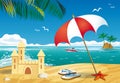 Image of tropical beach with sand house and sun umbrella Royalty Free Stock Photo