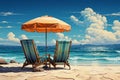 Image Tropical beach seascape illustration with two deckchairs and beach umbrella