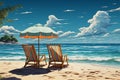 Image Tropical beach seascape illustration with two deckchairs and beach umbrella