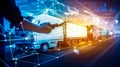 An image of truck driver holding cell phone in front of line of trucks. Generative AI Royalty Free Stock Photo