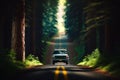 An image of truck driving down road in the middle of forest. Generative AI Royalty Free Stock Photo