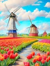 image of Tulip fields, fluffy clouds and windmill in the beautiful landscape of Netherlands.