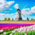 image of Tulip fields, fluffy clouds and windmill in the beautiful landscape of Netherlands.