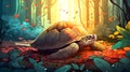 Image of turtle sitting on rock in forest at sunset. Generative AI Royalty Free Stock Photo