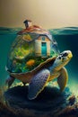 Image of turtle under water with house on it's back and house on top of it. Generative AI Royalty Free Stock Photo