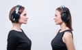 Image of two attractive women with headsets. TV shopping concept Royalty Free Stock Photo