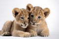 Image of two baby lions cubs cuddle together on white background. Wildlife Animals. Illustration, Generative AI