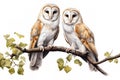 Image of two barn owl on a branch on a white background. Birds. Animals. Illustration, Generative AI Royalty Free Stock Photo