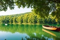 Two boats made of iron parked on the lake There is a large tree in the shade. made with Generative AI