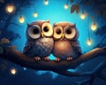 Two cute owlets are sitting next to each other.