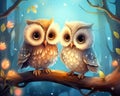 Two cute owlets are sitting next to each other.