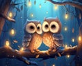 Two cute owlets are sitting next to each other.