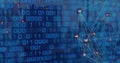 Image of two globes of digital icons and binary coding data processing against blue background Royalty Free Stock Photo