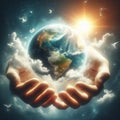 image within two hands lies a miniature surreal planet earth surrounded by glowing clouds. Royalty Free Stock Photo