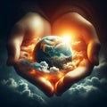 image within two hands lies a miniature surreal planet earth surrounded by glowing clouds. Royalty Free Stock Photo