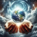 image within two hands lies a miniature surreal planet earth surrounded by glowing clouds. Royalty Free Stock Photo