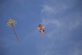 Image of two kites in flight with garish colors on a blue sky ba