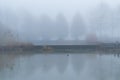 An Image of a two-level-pond a city park on a misty day