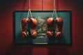 Image of two red boxing gloves hanging from a hook, ready for use in the boxing ring, Boxing gloves hanging on the wall of a gym, Royalty Free Stock Photo