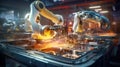 Image of a two robotic arms working on a machine in a factory Royalty Free Stock Photo