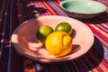 Image of two soup plates on a colorful table cloth Royalty Free Stock Photo