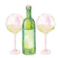 Image of the two watercolor glasses of white wine and wine bottle.