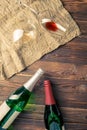 Image of two wine bottles and wine glasses on napkin Royalty Free Stock Photo