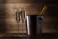 Image of two wine glasses with wine, iron bucket Royalty Free Stock Photo