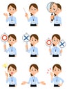 9 types of gestures and facial expressions of the upper body of a woman working in a summer office with an employee ID card