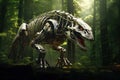 Image of tyrannosaurus rex gundam robot technology an ectronic in the forest. Wildlife Animals. Generative AI, Illustration Royalty Free Stock Photo