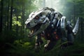 Image of tyrannosaurus rex gundam robot technology an ectronic in the forest. Wildlife Animals. Generative AI, Illustration Royalty Free Stock Photo