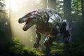 Image of tyrannosaurus rex gundam robot technology an ectronic in the forest. Wildlife Animals. Generative AI, Illustration Royalty Free Stock Photo