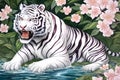 image of ukiyo style water color painting of a white tiger in front of the blossom flower.