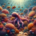 image of an underwater scene teeming with colorful coral, many fishes and a gentle sea creature. Royalty Free Stock Photo