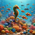 image of an underwater scene teeming with colorful coral, many fishes and a gentle sea creature. Royalty Free Stock Photo