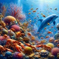 image of an underwater scene teeming with colorful coral, many fishes and a gentle sea creature. Royalty Free Stock Photo