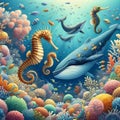 image of an underwater scene teeming with colorful coral, many fishes and a gentle sea creature. Royalty Free Stock Photo