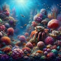 image of an underwater scene teeming with colorful coral, many fishes and a gentle sea creature. Royalty Free Stock Photo