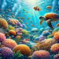 image of an underwater scene teeming with colorful coral, many fishes and a gentle sea creature. Royalty Free Stock Photo