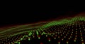 Image of undulating green and red 3d particle landscape on black background