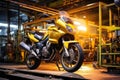 image of unfinished touring bike under bright industrial lights