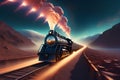 a vintage locomotive surging towards the viewpoint on an ethereal superhighway Royalty Free Stock Photo