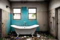 image of the unorganized or abandoned bathroom with bath tub, toilet and uncleaned shower.