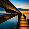 A wooden dock on a still lake at sunset generated by ai Royalty Free Stock Photo