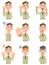 Upper body of an elderly man wearing work clothes 9 types of facial expressions and gestures set 1